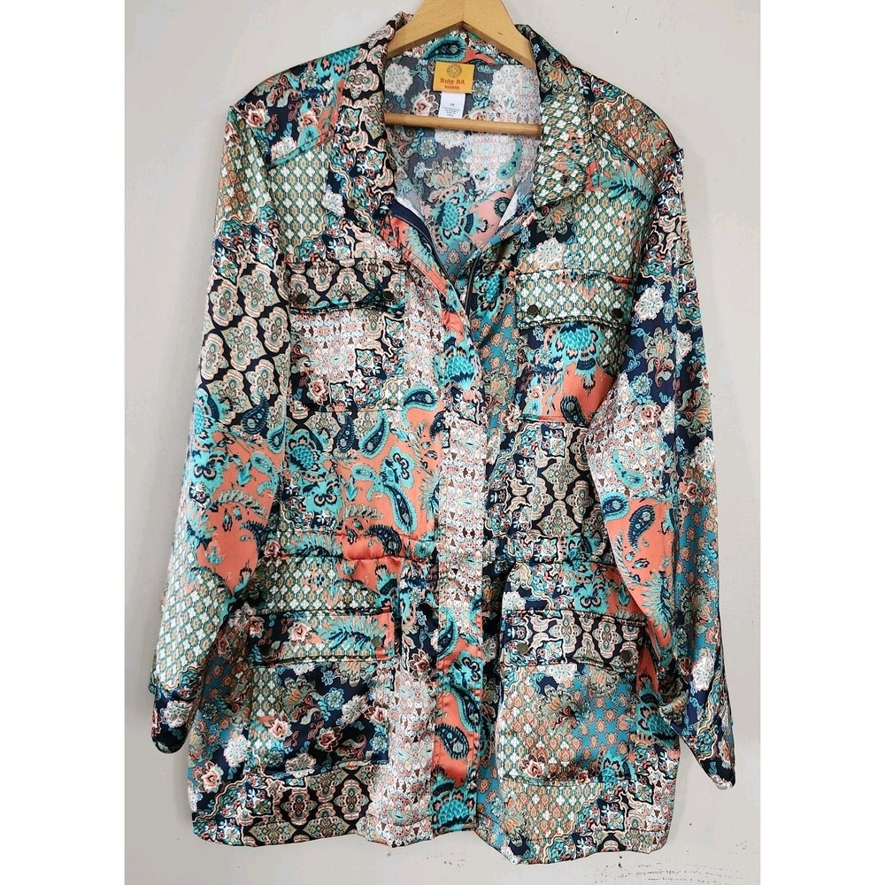 Ruby Rd Womens 1X Satin Feel Zip Front Paisley Boho Shirt Shacket Pockets Top